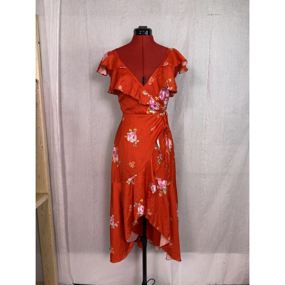 Altar'd State Women's Red Floral Satin Maxi Dress XS V-Neck High Low *read E108
